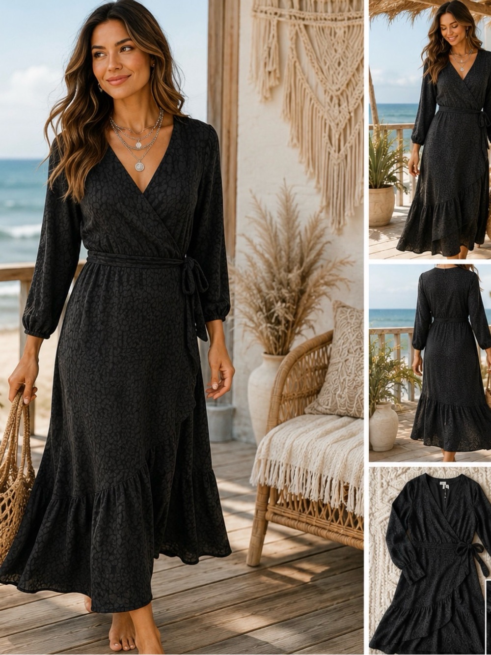 Bar III Black Wrap Maxi Dress with Ruffle Hem